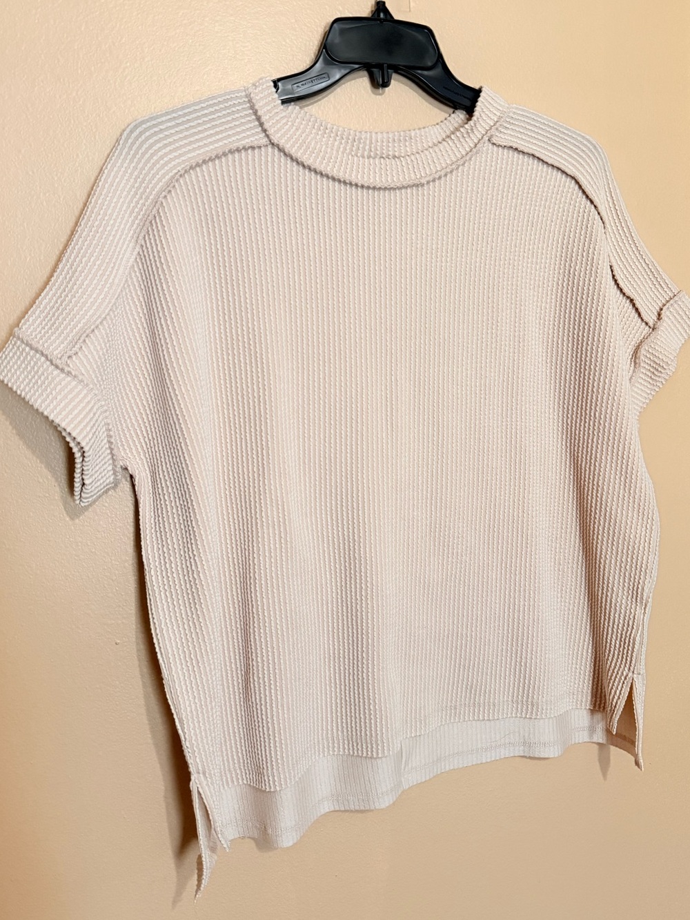 Zenana Outfitters Ribbed Short Sleeve Knit Top in Light Beige